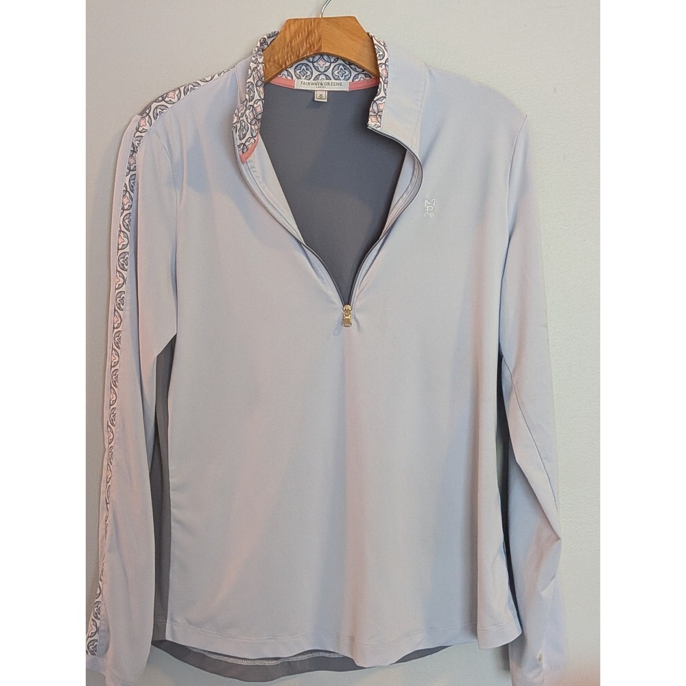 Fairway & Greene Ladies Quarter Zip Golf Pullover Blue Grey Tile Print Medium